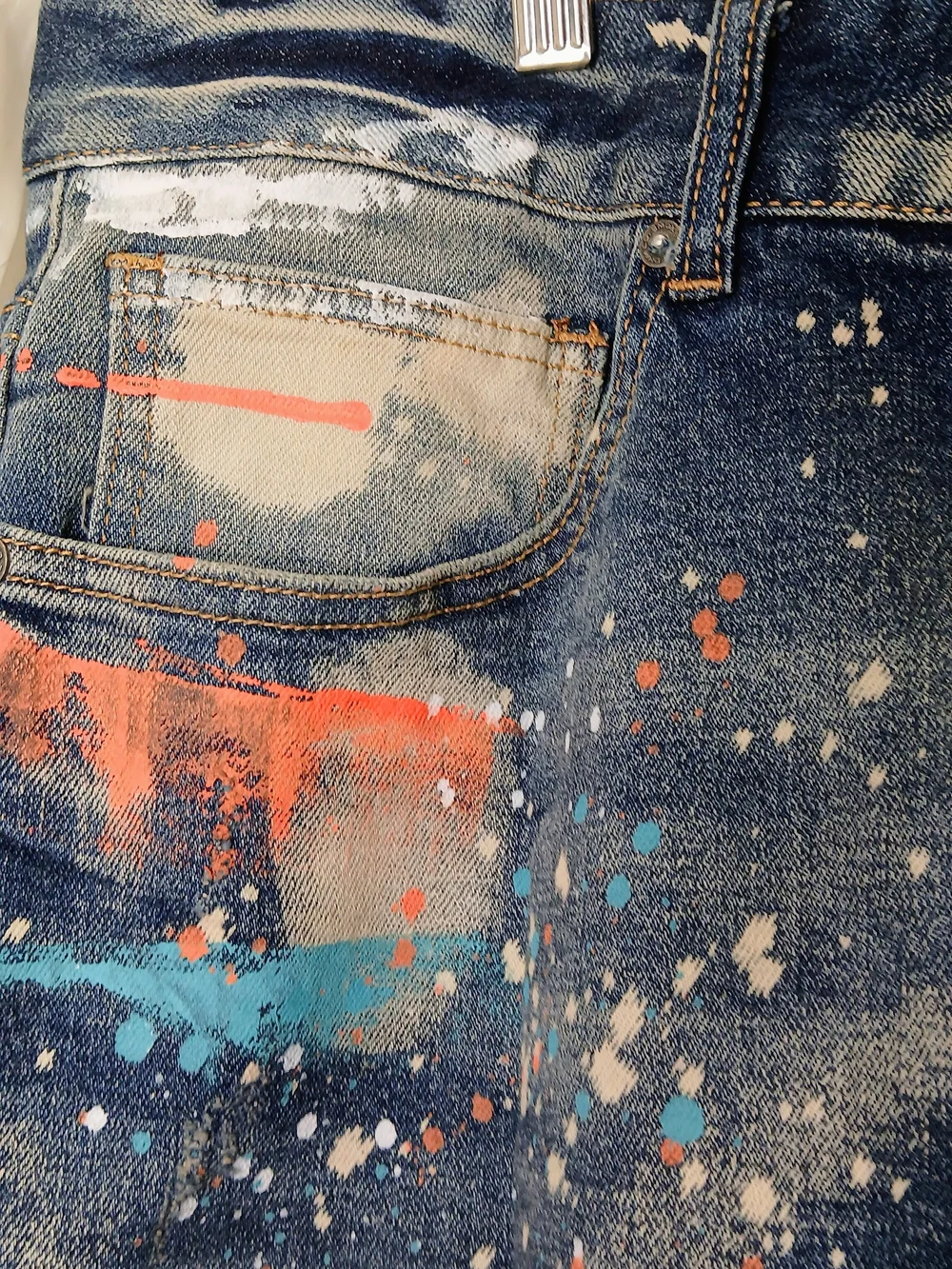 Slim Straight Men's Paint-Splatter Denim Jeans - Blue with Orange & Teal Accents